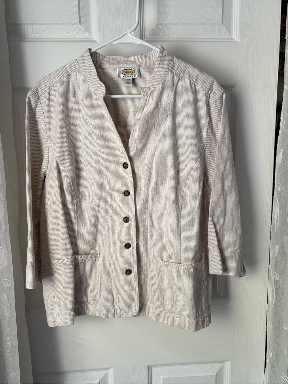 Talbots Woman Linen Cotton Chore Jacket Womens Plus Size 16W Pinstripe Button